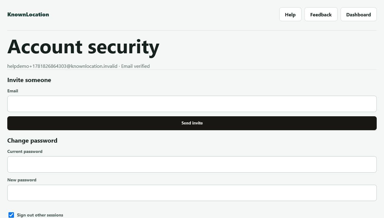 KnownLocation account security page showing the invite someone form