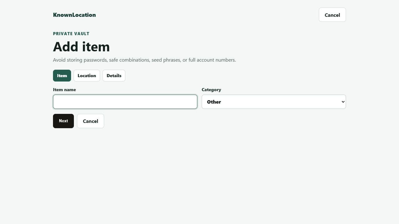 KnownLocation add item wizard showing the item name and category fields