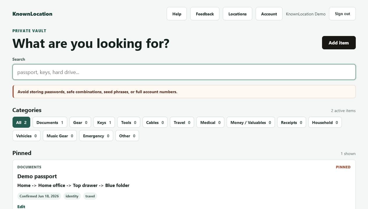 KnownLocation dashboard with search and a pinned demo passport result