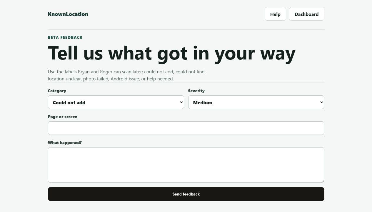 KnownLocation beta feedback form with category and severity fields