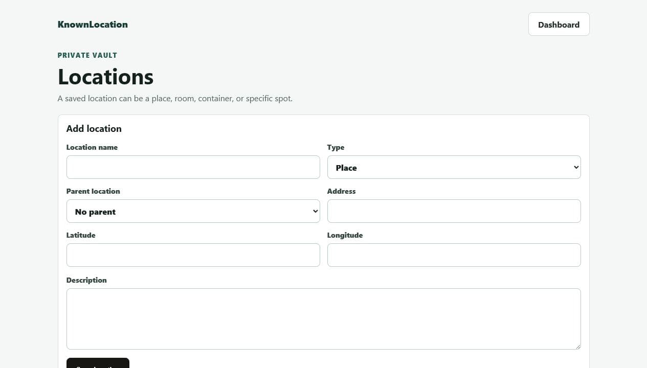 KnownLocation locations editor showing the add location form